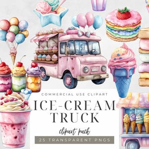 Watercolor Ice Cream Clipart Set: Kawaii Summer Desserts (PNG Downloadable Files)