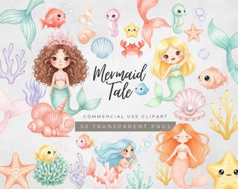 Mermaid Clipart, Under the Sea PNG, Pastel Watercolor Mermaid Tails, Adorable Ocean Clip Art, Cute Sea Illustration