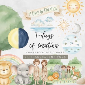 Può includere: Set di clipart ad acquerello con illustrazioni di sole, luna, animali e persone. Il testo "7 Days of Creation" è visualizzato su uno striscione. Include 34 PNG trasparenti per uso commerciale.
