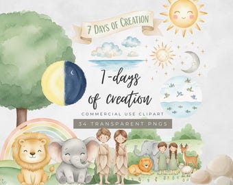 7 Days of Creation Clipart | Christian Nursery Watercolor Illustrations | Bible Story Clipart PNG | God’s Creation Art for Kids Room