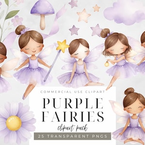 Purple Fairy Clipart Pack Cute Little Purple Fairies Watercolor Soft Nursery Fairy PNG Baby Shower Birthday Party Kids Wall Art Download