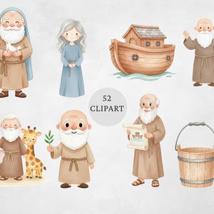 K&ouml;nnte beinhalten: Aquarell-Cliparts mit Illustrationen biblischer Figuren, einer Arche und verschiedenen Tieren. Das Set enth&auml;lt einen Mann mit einer Taube, eine Frau in einem blauen Kleid und einen Mann, der eine Schriftrolle h&auml;lt. Der Text "52 Clipart" ist ebenfalls enthalten.