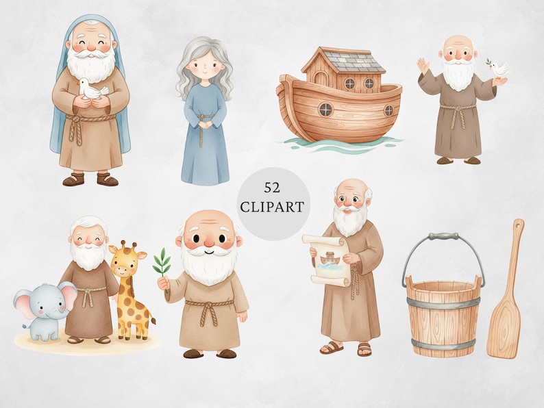K&ouml;nnte beinhalten: Aquarell-Cliparts mit Illustrationen biblischer Figuren, einer Arche und verschiedenen Tieren. Das Set enth&auml;lt einen Mann mit einer Taube, eine Frau in einem blauen Kleid und einen Mann, der eine Schriftrolle h&auml;lt. Der Text "52 Clipart" ist ebenfalls enthalten.