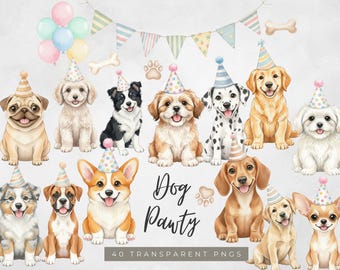 Dog Party Clipart Pack | Watercolor Puppy Birthday Animals, Balloons & Bones