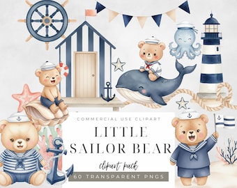 May include: Watercolor illustration featuring nautical elements and adorable teddy bears dressed as sailors. Includes a lighthouse, whale, octopus, and a beach hut. The text reads "Little Sailor Bear clipart pack".