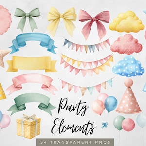 May include: Watercolor party elements in pastel colors, including bows, banners, clouds, stars, party hats, and balloons. The words "Party Elements" are written in a script font. 54 transparent PNGs are included.