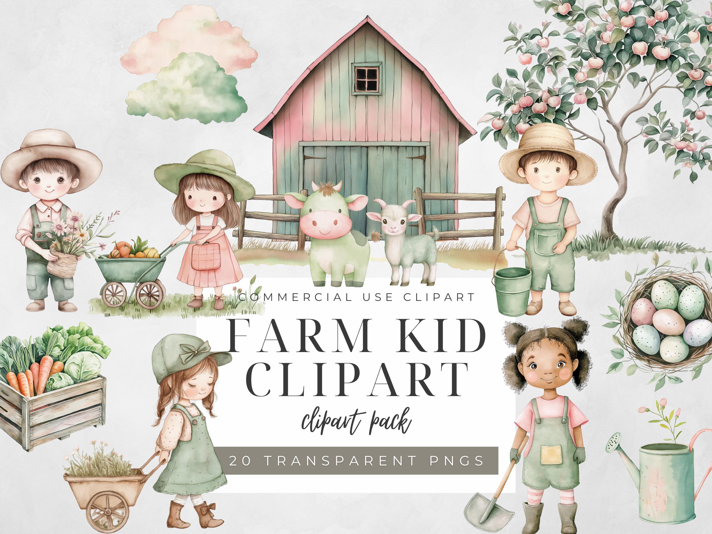 Watercolor Farm Clipart Farm Kid PNG Cute Farm Animals Clipart Cute Pig ...