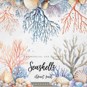 Puede incluir: Ilustración en acuarela con conchas marinas, corales y elementos acuáticos. El diseño incluye varias conchas marinas, ramas de coral en tonos naranja, azul y blanco, y el texto "Seashells clipart pack".