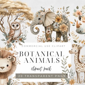 Joli aquarelle botanique animaux de safari des cliparts Art bébé animal de la jungle, fleurs pastel, décoration de chambre d'enfant, pack Safari numérique