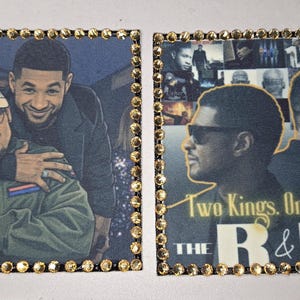 May include: Two square images featuring portraits of two men. One image shows the men embracing, while the other displays them in profile with the text "Two Kings. One Stage. The R&B Tour." Both images are framed with gold-coloured rhinestones.