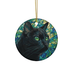 Adorno navideño de gato negro estilo vitral. Regalo para amantes de los gatos. Adorno conmemorativo. Elegante recuerdo para mascotas. Decoración para árbol de Navidad.