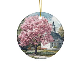 North Carolina State Flower-American Dogwood Tree Ornament - Charming Church Scene with Spring Blossoms