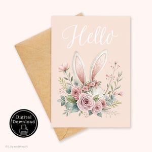 Printable Birthday Card Hello Rabbit with Flowers