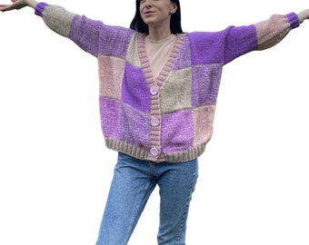 Purple Knitted Cardigan Patchwork Wool Lilac Granny Square Sweater Colorful Bright Chess Board Women Jacket Wide Oversized Striped Rainbow