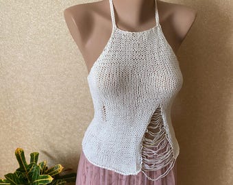Asymmetrisches Strickmuster, Sommertop mit offenem Rücken, Modernes Strickmuster mit Fallmaschen-Detail, Easy Tank Top PDF, Handgefertigte Mode