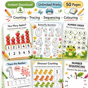 Op de afbeelding: Een digitaal wiskundewerkboek voor kinderen van 3-6 jaar, met activiteiten zoals tellen, traceren, ordenen en kleuren. Het werkboek van 50 pagina's bevat oefeningen zoals appels tellen, getallen overtrekken en getallenreeksen.