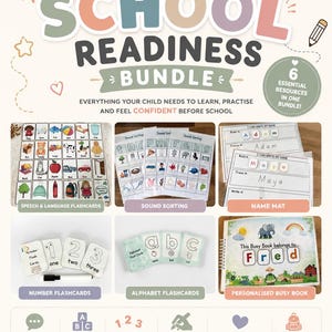 May include: A school readiness bundle featuring six educational resources including speech and language flashcards, sound sorting sheets, name mats, number flashcards, alphabet flashcards, and a personalized busy book with colorful illustrations.