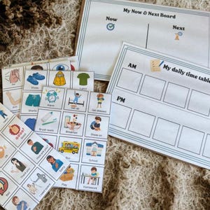 May include: Educational visual aids, including a "My Now & Next Board" and a "My daily time table". The aids feature illustrated cards with daily routines and communication prompts like "Yes", "No", and "Thank you".