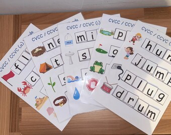 May include: A set of educational phonics worksheets featuring CVCC and CCVC words. Each white paper sheet displays colorful illustrations alongside letter boxes for words like hunt, jump, plug, drum, nest, tent, milk, sink, pond, golf, frog, and flag.