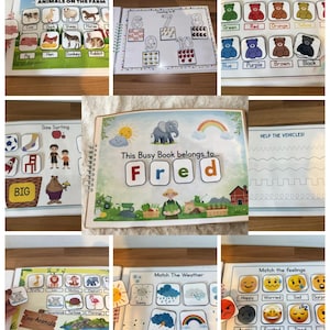 May include: A spiral-bound educational busy book for children featuring interactive pages with activities like animal identification, counting to ten, color matching, size sorting, weather matching, and emotion recognition with the name Fred on the cover.