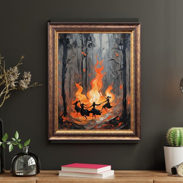 BELTANE FIRE FESTIVAL Witches Circle Oil Painting - Witchy Art Download Instant Printable Digital Artwork Wall & Room Decor - Fairytale