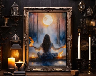 Zauberin des Feuers und des Eises Kunstdruck Illustration Witchy Elements Wandbild Digital Download