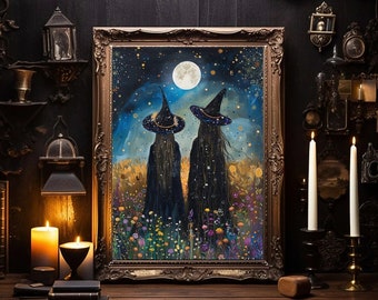 Witches Full Moon Oil Painting Art Print: Halloween Witchcraft Decor (Digital Download)