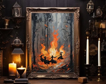 Beltane Fire Festival Oil Painting: Witchy Circle Art (Digital Download)