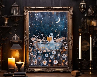 Ghost in Bath Art Print: Spooky Halloween Bathroom Decor (Digital Download)