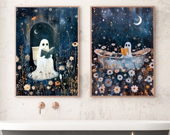 Bathroom Ghosts Printable Art Set  | Ghost Reading on the Toilet and Bathtub | 2 Paintings Digital Downloads Decor by Hecates Daughter