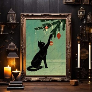Rares ! Chat noir vintage des années 50 jouant avec le sapin de Noël | Téléchargement numérique instantané | Décoration murale d'hiver de Noël | Carte de voeux célèbre