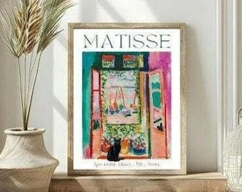 マティスの黒猫アートプリント：開いた窓の絵画（デジタルダウンロード）