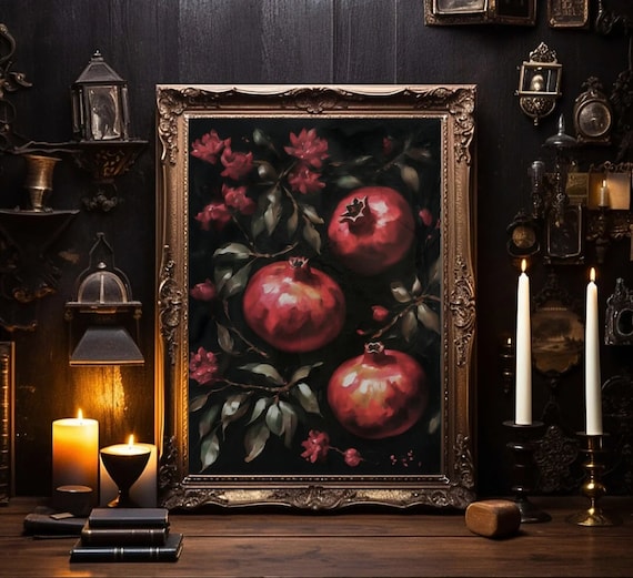 Persephone's Pomegranates Painting, Dark Moody Witchy Art (Digital Download)