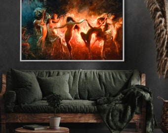 Fire Dance by Joseph Tomanek 1920 in HD  - Witches Nymphs Dancing to Pan&#39;s Flute | Digital Art Print Download | Pagan Gothic Wall Decor