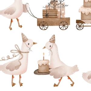 Goose Birthday Gender Neutral Beige illustration. Happy Birthday Newborn, Baby Birth. Gender party and Baby Shower Cartoon Illustration PNG