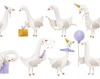 Happy Birthday Goose Clipart  Hand-Painted Party Geese PNG (Digital Download)