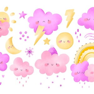 Elementos climáticos de dibujos animados Sol, luna y estrellas Arcoíris Nubes esponjosas Objetos del cielo de la naturaleza Diseño de estilo lindo Noche Mañana DESCARGA DIGITAL PNG