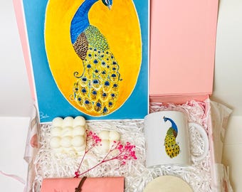 Peacock Gift Box – Mug with My Original Artwork – Self Care Gift for Her – Unique Handmade Gift