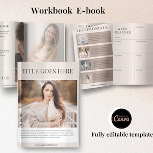 May include: A workbook e-book template with a beige background. The cover features a woman with long brown hair and a white shirt. The title "TITLE GOES HERE" is in black text. The inside pages include a to-do list, testimonials, and a weekly planner.