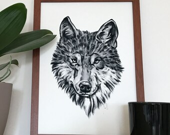Realistic Charcoal Wolf Portrait - Wildlife Art Print Wall Decor
