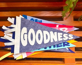 Könnte beinhalten: Ein Stapel bunter Wimpel aus Filz. Der vordere Wimpel ist grau mit dem Wort "GOODNESS" in Weiß. Weitere Wimpel sind rot, blau, rosa und gelb. Jeder Wimpel hat eine weiße Fransen an der linken Seite.