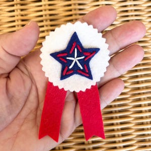 Hand Embroidered 4th of July Felt Badge Pins – Patriotic Star Ribbons – Red White & Blue Brooch – Americana Accessories – Independence Day