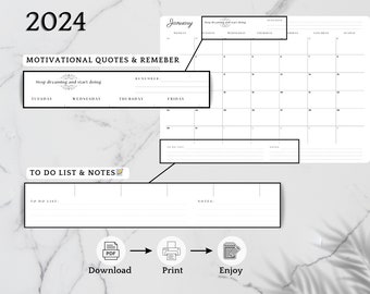 Minimalist Calendar 2024 Digital PDF Printable | A3 - A4 | Unlined & Spacious| Download and Print At Home