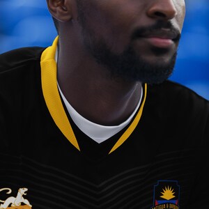 Puede incluir: Camiseta negra con ribete amarillo alrededor del cuello y las mangas. La camiseta tiene un cuello interior blanco y un escudo en la parte inferior derecha. La camiseta tiene un sutil patr&oacute;n de chevr&oacute;n.