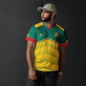 Może przedstawiać: Żółto-zielono-czerwona koszulka z diagonalnym wzorem w paski. Koszulka ma małe logo na lewej piersi i większe logo na prawej piersi. Koszulka ma numer "73" na lewym rękawie i numer "47" na prawym rękawie.