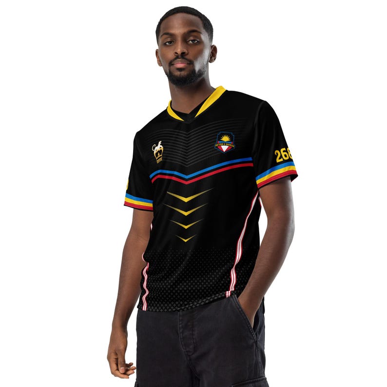 Puede incluir: Camiseta negra con detalles amarillos, rojos y azules. La camiseta tiene cuello en V, un escudo en el pecho y el n&uacute;mero 26 en la manga. El dise&ntilde;o incluye chevrones amarillos y rayas rojas y azules.