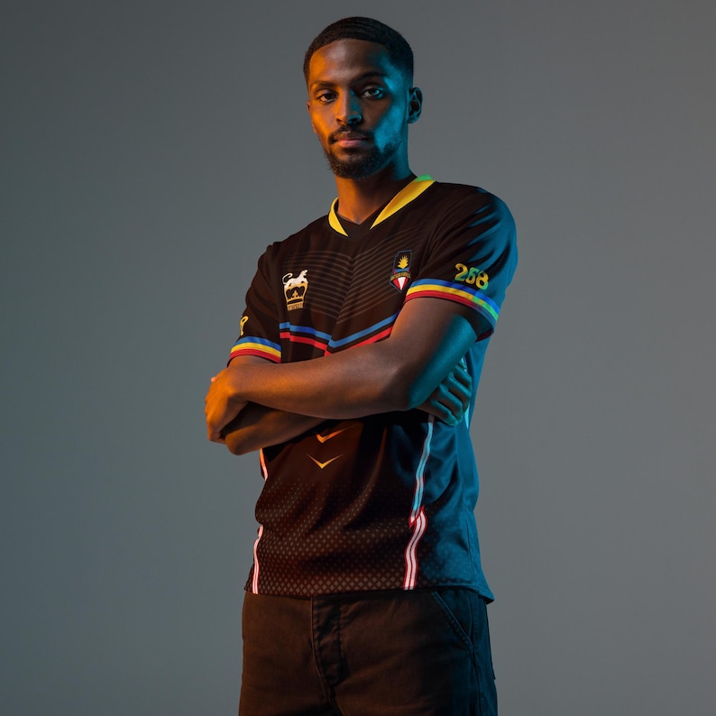 Puede incluir: Una camiseta de f&uacute;tbol negra con detalles amarillos, rojos, azules y blancos. La camiseta tiene cuello en V y mangas cortas con rayas de colores. El n&uacute;mero 258 est&aacute; en la manga derecha. Un escudo es visible en el pecho.