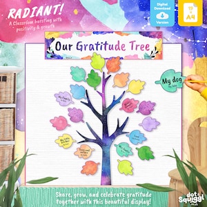 Puede incluir: Un póster de clase colorido con un árbol de gratitud y un fondo de galaxia. El póster presenta un árbol con hojas que tienen espacios para que los estudiantes escriban por lo que están agradecidos. El texto "Our Gratitude Tree" está en la parte superior del póster.