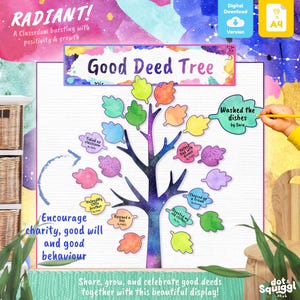 Op de afbeelding: Een kleurrijke "Good Deed Tree" poster met een stam met galaxiethema en blaadjes. De poster stimuleert goed gedrag en liefdadigheid. Tekst bevat "RADIANT!" en "Moedig liefdadigheid, goede wil en goed gedrag aan."