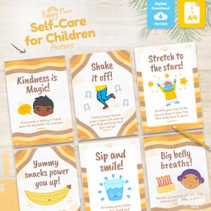 May include: Six colourful posters with illustrations and text promoting self-care for children. The posters feature phrases like "Kindness is Magic!" and "Shake it off!" with cartoon characters.